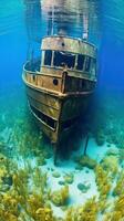 Abandoned Shipwreck A Decaying and Rusting Metal Structure Submerged in Water Generative AI photo