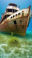 Abandoned Shipwreck A Decaying and Rusting Metal Structure Submerged in Water Generative AI photo