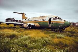 Abandoned Airport in Disrepair with Overgrown Grass and Crumbling Buildings Generative AI photo