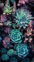 Vibrant Succulent Plants in a Dark Teal and Light Purple Garden AI Generated photo