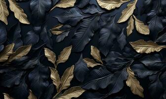 Golden Leaves on Dark Blue Background AI Generated photo