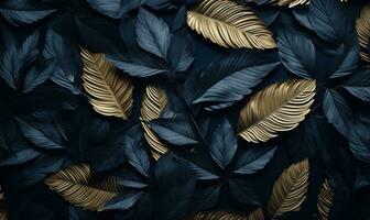 Golden Leaves on Dark Blue Background AI Generated photo