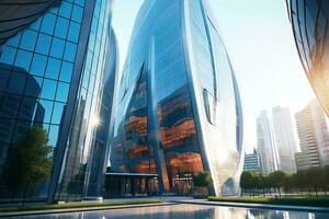 Sleek Futuristic Office Building with Towering Glass Faade Generative AI photo