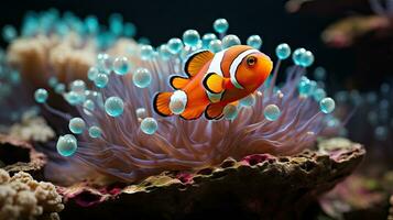Colorful Clownfish Peeking Out from Anemone in Indonesia AI Generated photo