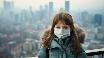 niño vistiendo máscara a proteger desde niebla tóxica y aire contaminación ai generado foto