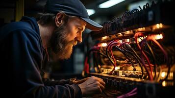 Closeup of Engineer Inspecting Geothermal Heat Pump System in Basement AI Generated photo