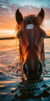 majestuoso poni mirando dentro el agua generativo ai foto