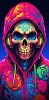 Colorful HoodieWrapped Skull in Glowing Neon Style Generative AI photo