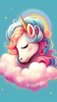 Sleeping Unicorn with Rainbow Mane and Tail on a Cloud AI Generated photo