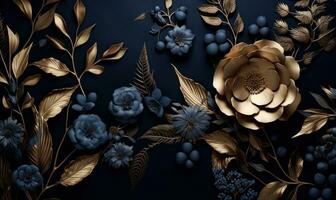 Dark Background with Gold and Blue Leaves AI Generated photo