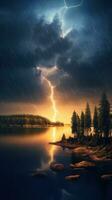 Dramatic Lightning Storm Illuminating Night Sky over Serene Moonlit Lake AI Generated photo
