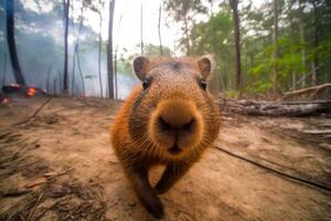 Escape from the Flames Capybara Fleeing Forest Fire photo