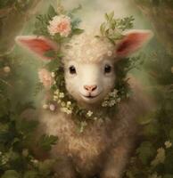 Delicate Watercolor Landscape with Pink Lamb Surrounded by Green Leaves and Flowers AI Generated photo