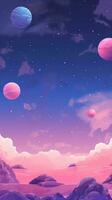 simplista dibujos animados fondo de pantalla con rosado y púrpura cielo y planetas ai generado foto