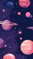 simplista dibujos animados fondo de pantalla con rosado y púrpura cielo y planetas ai generado foto