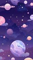 púrpura fondo de pantalla con planetas y estrellas kawaii estético minimalista ai generado foto