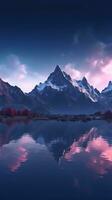 sereno montaña lago con reflejando picos y claro azul cielo ai generado foto
