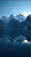 Serene Mountain Lake with Reflecting Peaks and Clear Blue Sky AI Generated photo