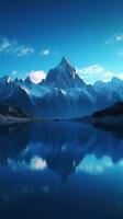 Serene Mountain Lake with Reflecting Peaks and Clear Blue Sky AI Generated photo