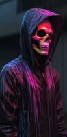 Mysterious Realism Neon Hooded Skull in Rainbowcore Style Generative AI photo