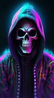 Mysterious Realism Neon Hooded Skull in Rainbowcore Style Generative AI photo