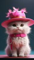 adorable pequeño gato vistiendo un rosado y blanco sombrero en vistoso animación estilo ai generado foto