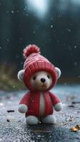 adorable pequeño osito de peluche oso con rojo y blanco polca punto gorra ai generado foto