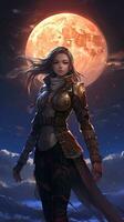 Strong Female Anime Character Against a Moonlit Sky AI Generated photo