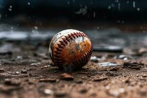 cinematográfico Disparo de un manchado béisbol en el suelo generativo ai foto