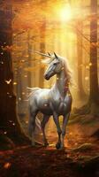 Enchanting Unicorn Prancing in a Magical Forest AI Generated photo