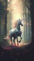 Enchanting Unicorn Prancing in a Magical Forest AI Generated photo