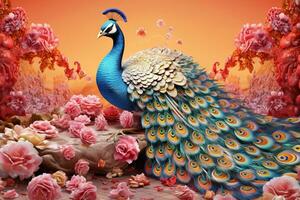 Colorful Peacock Surrounded by DiamondEncrusted Pearls and Flowers Wallpaper Generative AI photo