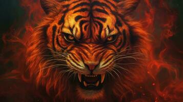 Fieryeyed Tiger in Dark Orange and Dark Crimson Digital Airbrushing AI Generated photo