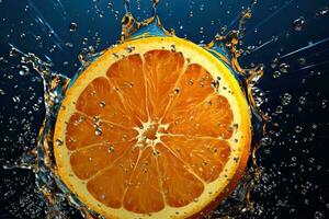 Juicy Orange Slices with Splashing Juice on Tropical Fruit Label Generative AI photo