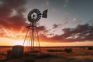 Cinematic Sunrise with Windmill in West Texas Generative AI photo