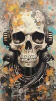 Abstract Skull Painting on Canvas Modern Wall Art with Skeleton Astronaut in Space Suit Generative AI photo