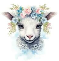 Adorable Lamb in Flower Wreath Watercolor Illustration AI Generated photo