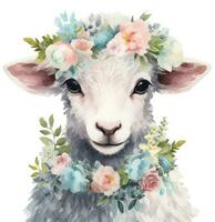 Adorable Lamb in Flower Wreath  Watercolor Illustration AI Generated photo