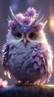 Adorable Owl Wearing Lavender Feathery Crown AI Generated photo