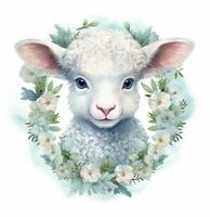 Adorable Lamb in Flower Wreath  Watercolor Illustration AI Generated photo