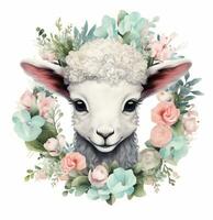 Adorable Lamb in Flower Wreath  Watercolor Illustration AI Generated photo