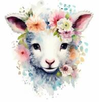 Adorable Lamb in Flower Wreath  Watercolor Illustration AI Generated photo