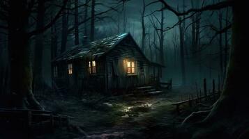 Abandoned Cabin in the Woods A Dark and Eerie Atmosphere Generative AI photo