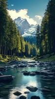 Idyllic Alpine Lake with Towering Pine Trees and SnowCapped Peaks AI Generated photo