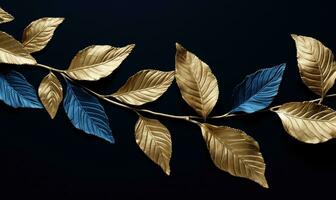 Golden Leaves on a Black Background AI Generated photo
