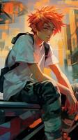 Anime Man with Short Fiery Red Hair Leaning Against a GraffitiFilled Skate Park with a Skateboard AI Generated photo