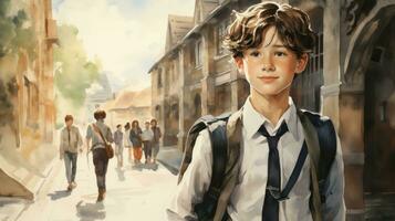 Watercolor Scene of a Students First Day in School Uniform AI Generated photo