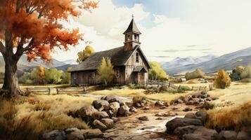 Rustic Schoolhouse at Sunrise Watercolor Illustration AI Generated photo