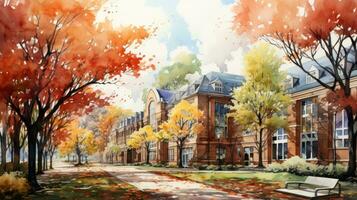 Watercolor Image of a School Building Amidst All Foliage AI Generated photo