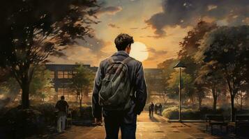 Watercolor Image of a Student Leaving School After the End of a Long Day AI Generated photo